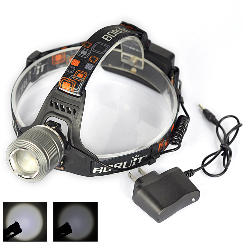 3-Mode High/Low/Strobe Boruit 2000LM T6 LED Headlamp Fishing Head Light Headlight Head Flashlight Gray + AC Charger