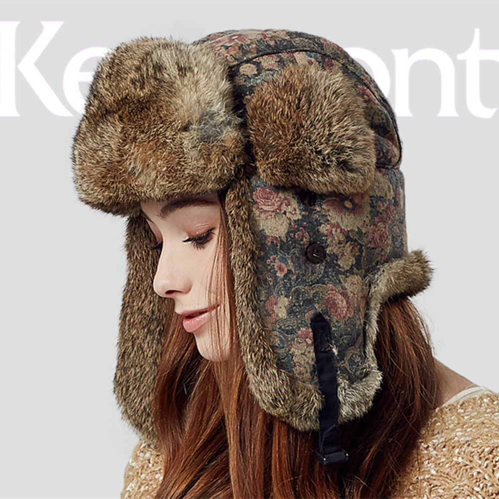 Kenmont Winter Women Warm Outdoor Ski Hat Aviator Trapper Real Natural Rabbit Fur Bomber Russia Cap 2304