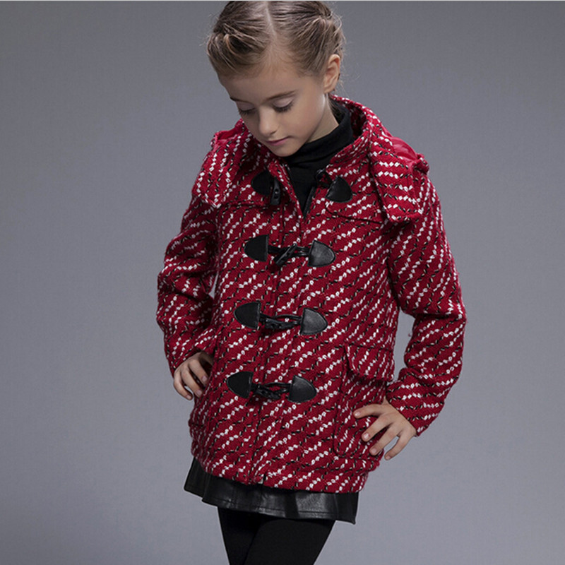 2015 Girls Winter Jackets Thickening Coat for Girl Plaid Hooded Girls Coats Red Christmas Outerwear Children Clothing