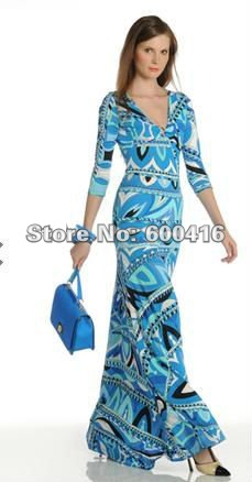 Free shipping Newest  Blue Printed Stretch Jersey V-Neck Long sleeve Max Dress 1020331C