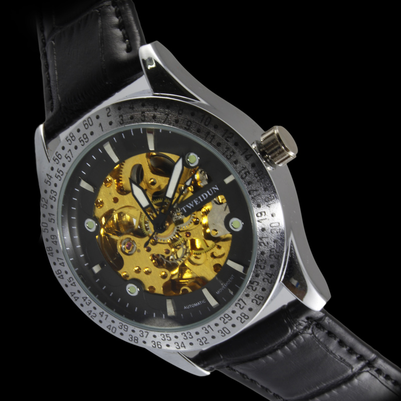 No battery Classic Leather Automatic Skeleton Mechanical Military Watch