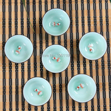 wholesale new high quality 6pcs Celadon teacup Ceramic tea cup porcelain 50ml gold fish with texture