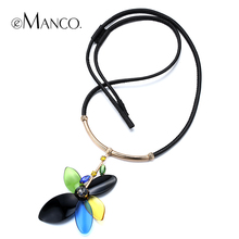 Acrylic flower pendant leather cord necklace eManco 2015 spring new arrival women crystal zinc alloy necklace