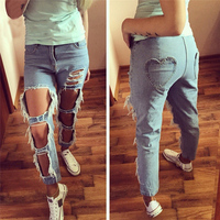 Elina 2015 bib ripped denim hollow out donna destroyed love spliced taille haute boyfriend jeans for women feminina femme s m l