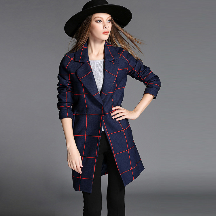 2015 European New Winter Big Red Plaid Jacket Lapel Covered Button Coat