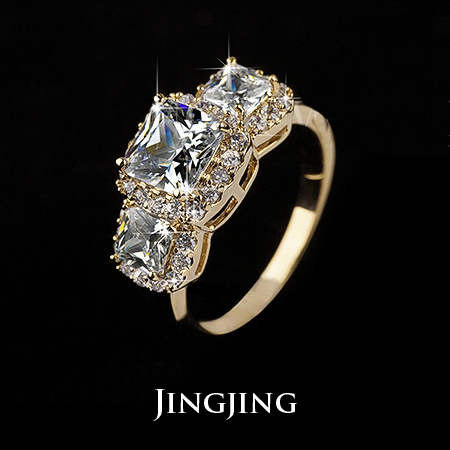 Latest Fashion 18K Gold Plated 1ct Princess Cut Three AAA CZ Diamond Women Jewelry Ring for