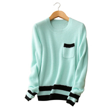 contract color striped knitting pullover 100% cashmere O-neck long sleeve pockets women winter thick sweater clothing