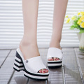2016 Ladies Leather Slippers Thick High Heel Sandals Platform Shoes Peep Toe Summer Shoes
