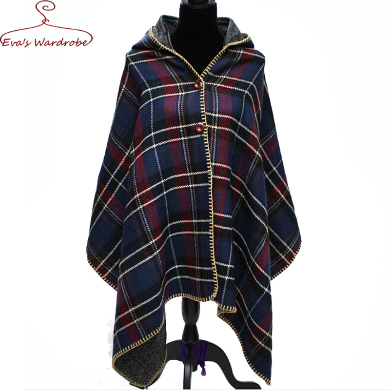 Women hooded cloak cape Plaid font b tartan b font scarf shawl Lady upscale double side