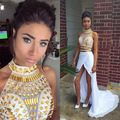 Beaded Crystal White and Gold 2 Piece Prom Dresses 2015 High Neck Slit Sexy Jessica Rabbit