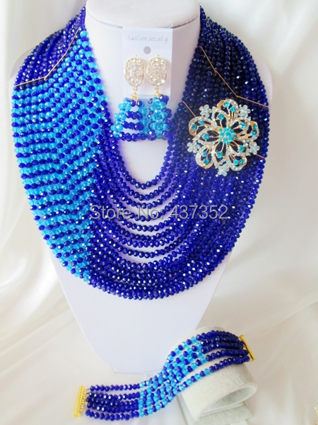 Luxury 15 layers Royal blue African Nigerian Wedding Beads Jewelry Set Bridal Jewelry Sets Free Shipping CPS-3177