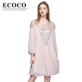 2016 Elegant Fairy Casual Loose Waist Long Lantern Sleeve Knee length Beading Silk Chiffon Summer Dress