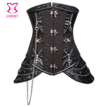 Corset Underbust Waists Training Steel Boned Black Brocade With Leather Skirt Steampunk Plus Size 6XL Sexy Gothic Women Corsets