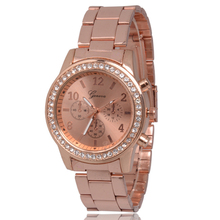 Rose del Rhinestone del oro del cuarzo mira los relojes marca de lujo caliente ginebra señora pulsera de acero inoxidable completa Relogio Feminino
