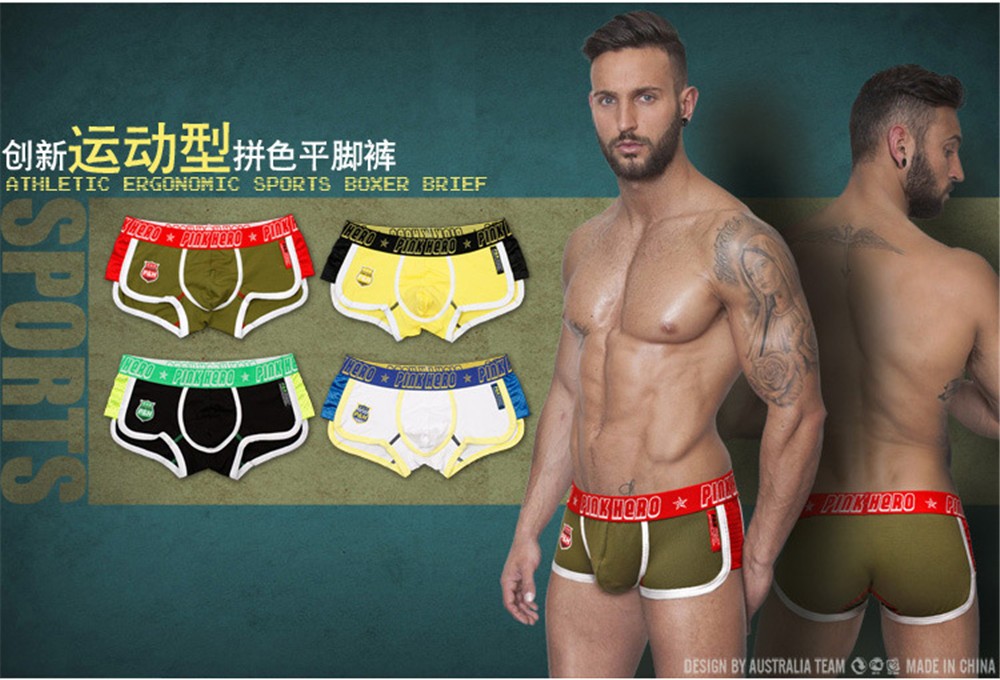 Fashion Sport Men\'s Underwear Boxers Patchwork Breathable Mesh Fabric Male Sexy Boxers Pink Hero underpants (8)