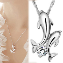 Cute 925 Silver Double Dolphin Rhinestone Short Chain Pendant Necklace Women Fashion Jewelry Wholesale NL-0712