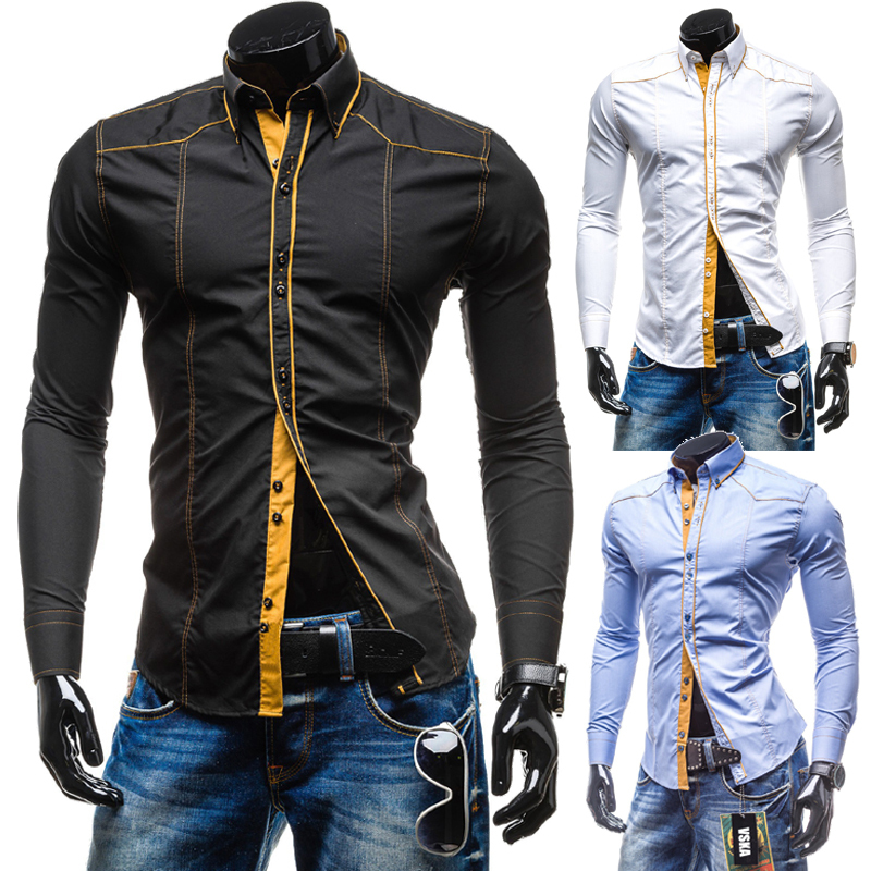 New 2015 Brand Autumn Men Slim Fit Long Sleeve Shirt Luxury Cotton Leisure Patchwork Male Formal