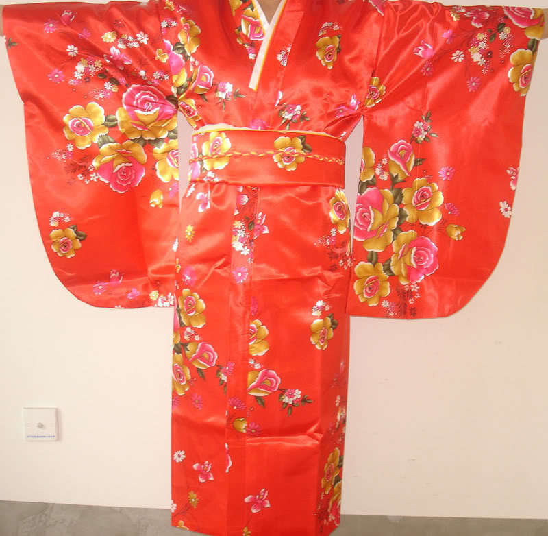 Red Vintage Japanese Women's Silk Satin Kimono Yukata Evening Dress Flower One Size Free Shipping H0023a