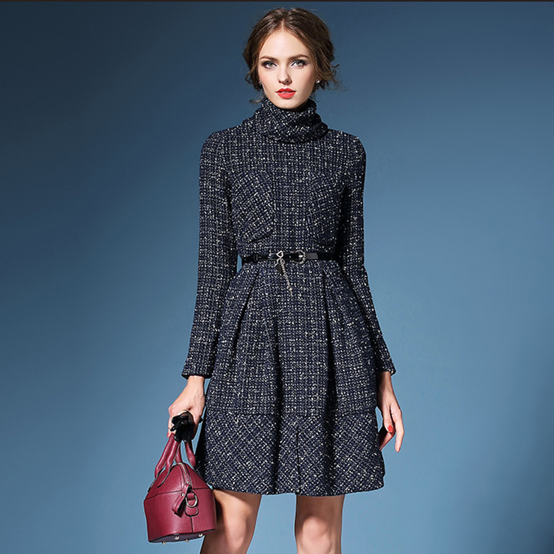 2016 autumn and winter new women dress Europe fashion style tweed dress slim slim long sleeved dress