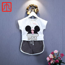 YoBetar-2016 Summer Cartoon Girls Clothing Set Lovely Cartoon Mouse Beard Pattern T-shirt Grey Short Pants Fashion 3-9T Kid Sets