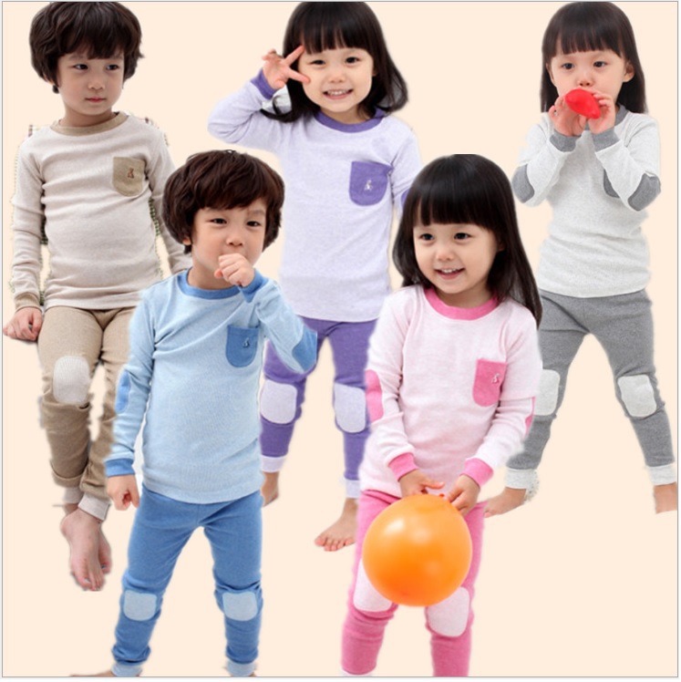 Children's Pajamas Suits Solid Patch Pockets  Full Sleeve T-shirts Trousers Suit Lovely Top Quality Kids Pajamas LP9
