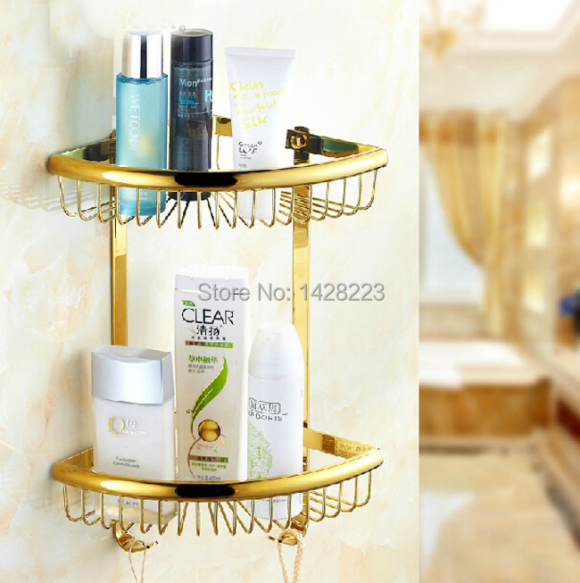 Fashion Double Bathroom Shelf Wall Mounted Golden Brass Corner Rack Cosmetic Holder with Hooks