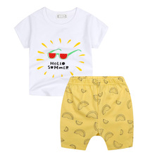 Hello Summer Baby Boys Girls Set Suit White Cotton Watermelon T shirt + Yellow Print Shorts Children Clothing Set Baby Clothes