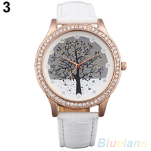 Women Tree Dial Rhinestone Inlaid Golden Tone Case Faux Leather Band Wrist Watch