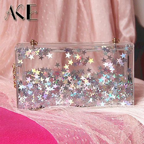 Trend of stars moving transparent acrylic pearl women's fashion personality chain shoulder bag clutch evening bag handbag purse