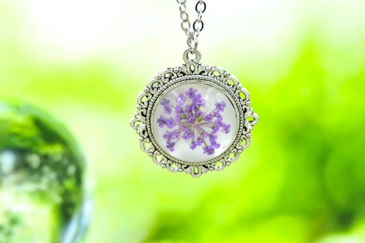 KUTIAN Mini Real Purple Flower Galaxy Pendant Necklace for women,Fashion Handmade Silver Plated Round Glass Necklaces KN013 18\'\'