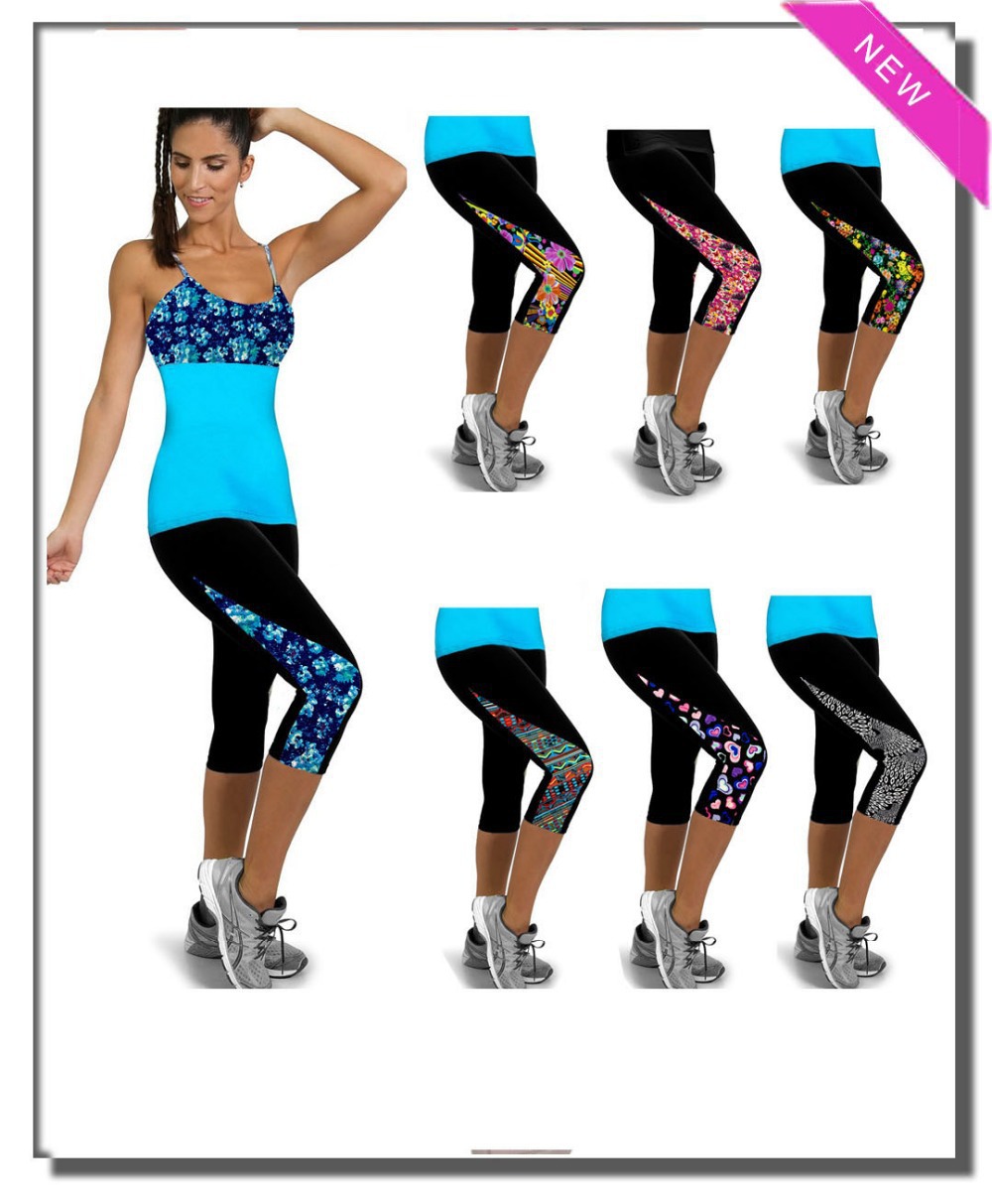 2015 Capri Leggings New Arrival Floral High Waisted Patch Work Workout Fitness Sports Legging Pant Exercise