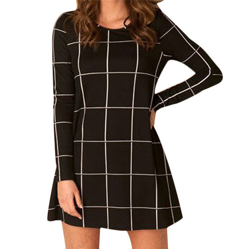 Fabulous 2016 Women Long Sleeve font b Tartan b font Check Print Flared Swing Dress