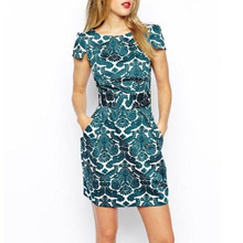 New fashion vintage printed dresses evening party dress Summer pockets belt waist slim dress leisure women dress vestidos ED46