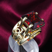 Gorgeous Luxury Party Jewelry Ring Top Quality 18K Gold Plated Big Red Ruby Swiss Cubic Zircon
