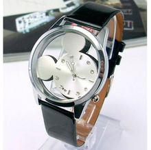 Fashion Mickey Women Watches 2015 quartz casual transparent hollow dial leather wristwatches women dress watch relogio