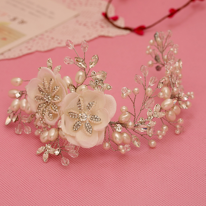 Silver Rhinestones White Yarn Flower Pearls Crystal Wedding Hair Comb Headband Headpiece Bridal Hair accessories