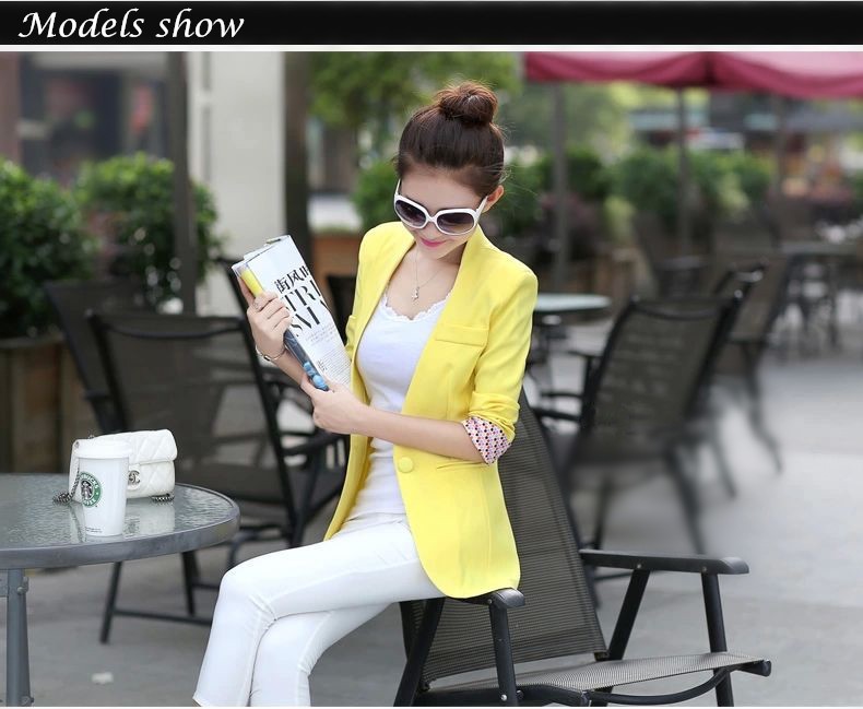 2015 New Women\'s Blue Blazer Summer Office Wear Purple Suit Sexy V-neck Color Patterns Stitching Sleeve Casual Blazer 6 Color 8
