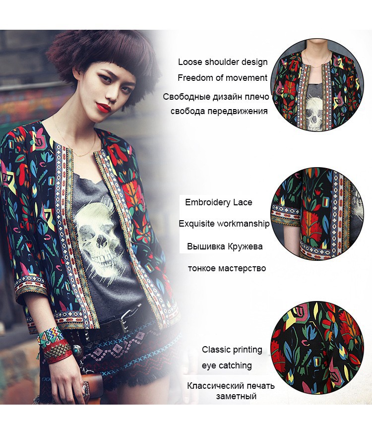  Spring Autumn Women Outerwear Vintage Women Lady Ethnic Floral Print Embroidered Short Jacket Slim Coat (2)