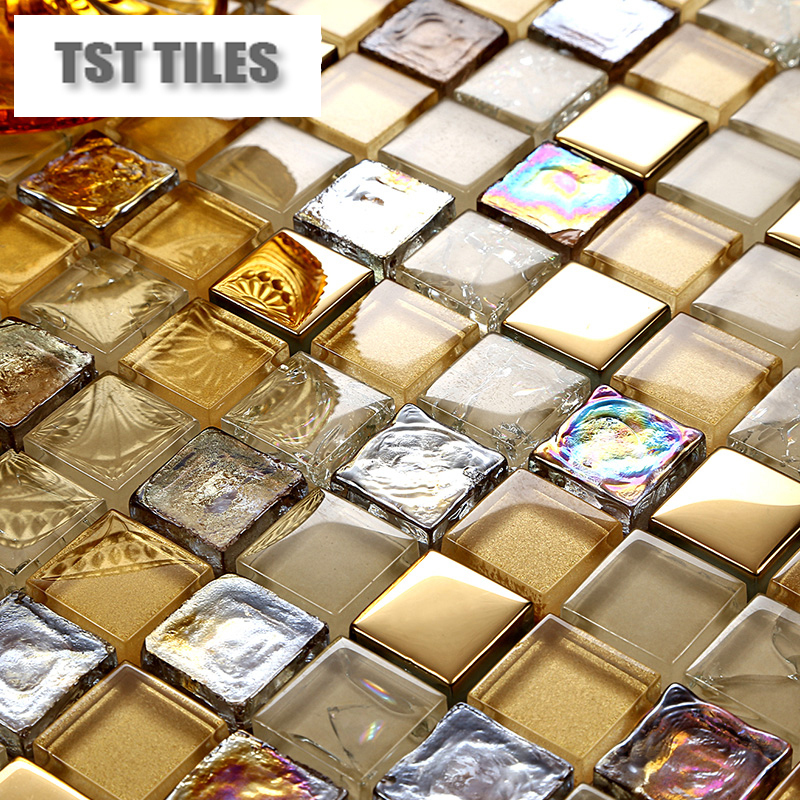 Gold iridescent mosaics glass tile backsplash kitchen bathroom wall flooring shower tub tiles 4/5 in. chip 12x12 mesh sheet 11sf