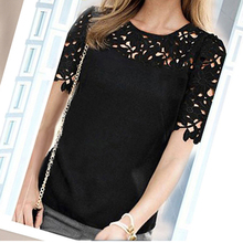 2016 New Arrival Women Lady Casual Short Sleeve Round Neck Hollow Blouses Lace Crochet Female Chiffon Blouse Tops
