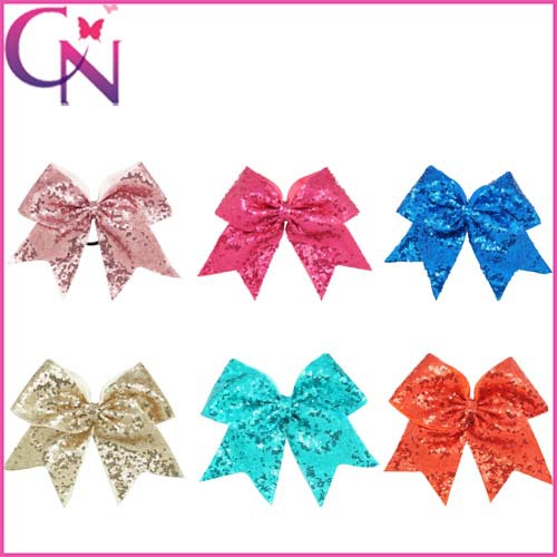 8 Inch Bling Sequin Baby Kids Cheerleading Bow With Elastic Hair Band High Quality Grosgrain Ribbon