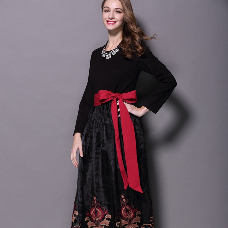 Hollow Out Dress 2015 European Fashion Autumn Women's Exquisite Bow Sashes Full Sleeve Floor-Length Black Embroidery Long Dress