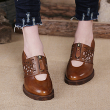 2016 Retro Style Handmade High Heels Shoes Women Platform Pumps Chunky Heels Cut Out Genuine Leather