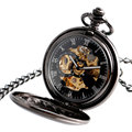 Vintage Automatic Mechanical Pocket Watch Men Hollow Exquisite Chain Smooth Case Pendant Watches Mens Retro Black