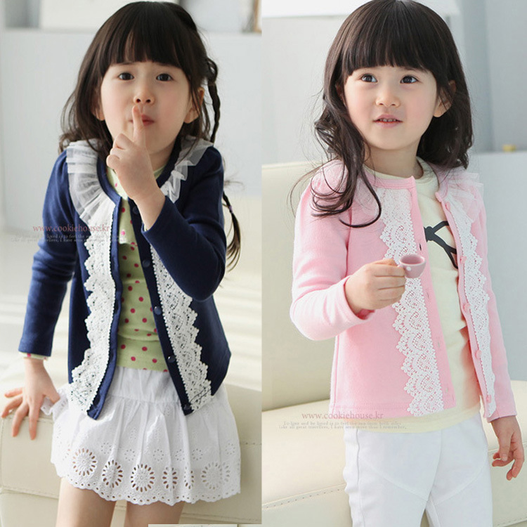 Spring autumn baby clothing girls outerwear casual sweet lace o neck kids jackets coats cotton knitted