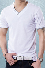 2015 Men Fashion V-Neck Short Sleeve Cotton T-shirts Man Solid L-XXL 5 Color Choice T-shirt Men Clothes Free Shipping