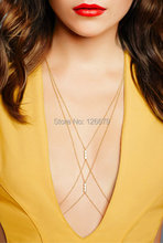 New Fashion Gold Sexy Double Layers Cross Artificial Pearl Body Chain Body Harness Belly Chain Necklace
