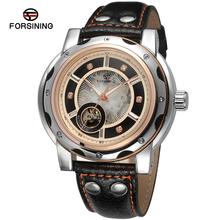 Forsining hombres reloj automático Vogue analógico esqueleto lujo piedras marca reloj del cuero genuino de Color negro FSG8091M3