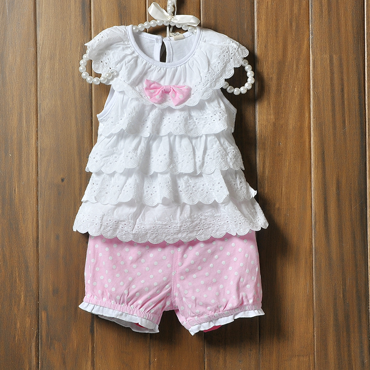 Baby Girls Cake layers of lace sleeveless tops shorts Clothes suits Blue Polka Dot Polka Dot