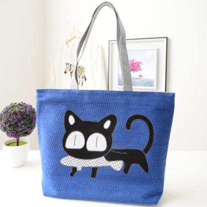Lovely Girl s Cartoon Cat Eat Fish Shopping Shoulder Bags Canvas Women Handbag Beach Bag Tote
